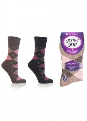 3 pair pack Gentle Grip Socks - Brown Marl Argyle